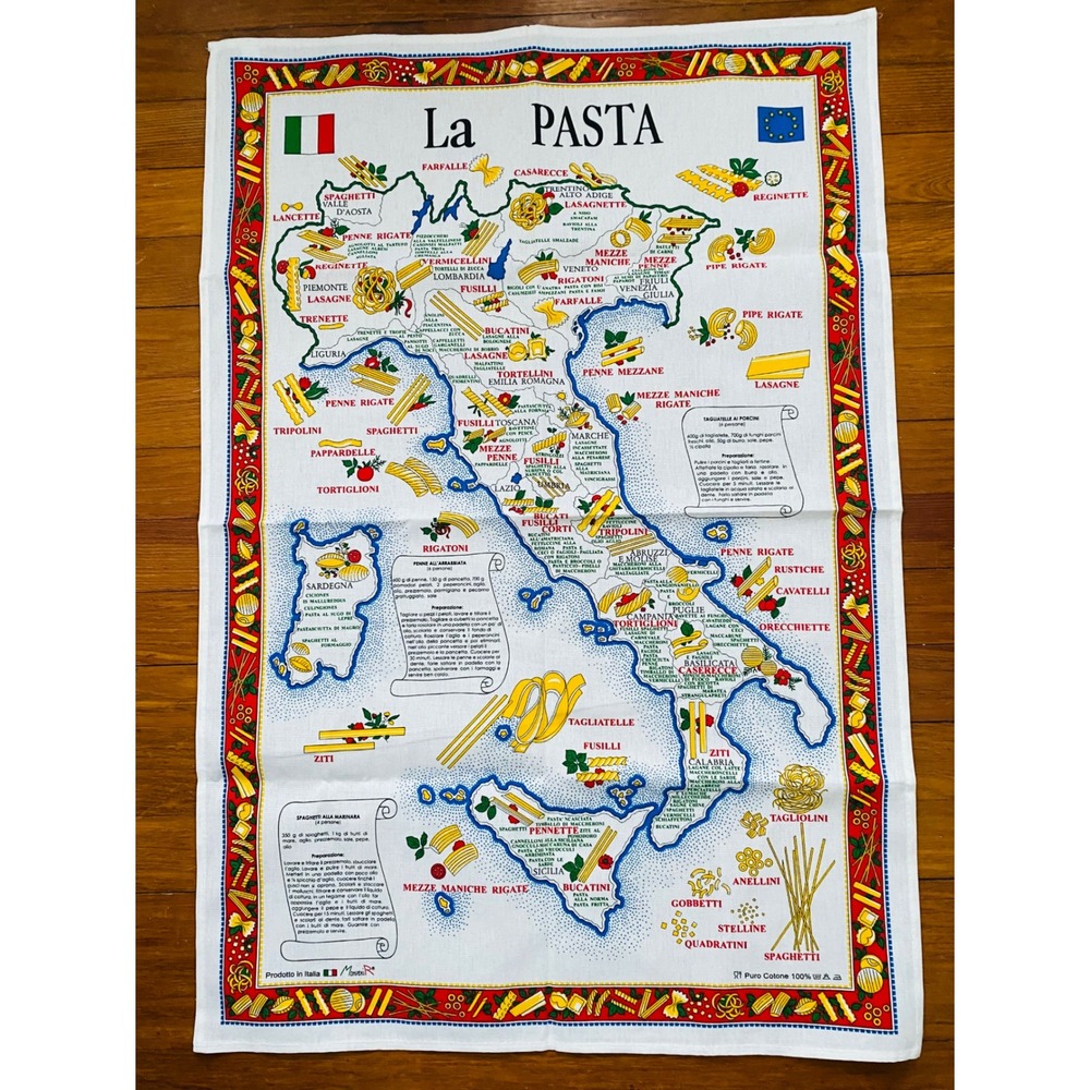 La Pasta Map Vintage Kitchen Tea Towel 100% Cotton Italy Italian Food Gift